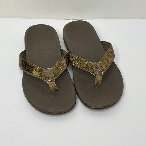 Vionic Womens Sz 8 Bronze‎ Sequins Thong Flip Flop Sandals Comfort Shoes Summer - Picture 1 of 5